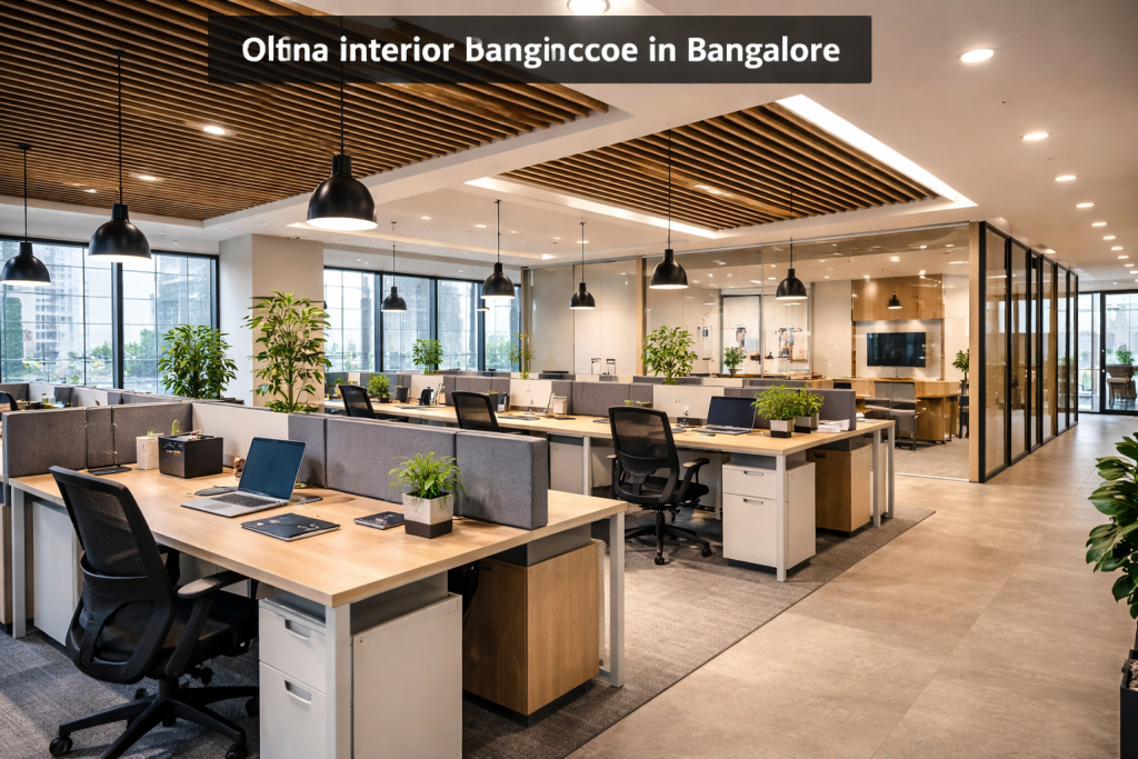 office interior project execution in Bangalore with contractors installing furniture and partitions